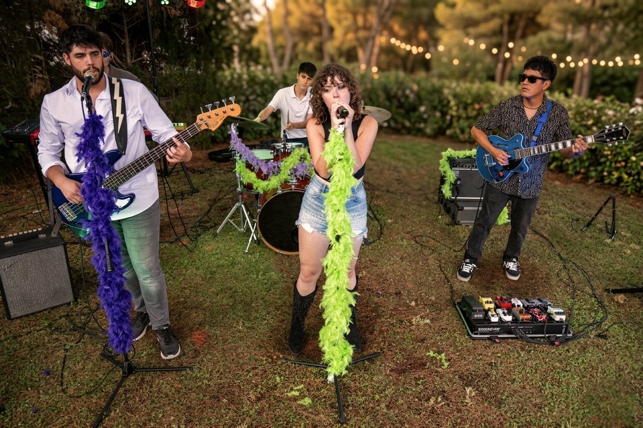 La banda completa tocando al aire libre